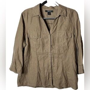 Style Co Linen Shirt Sz L Brown Button 3/4 Sleeve Chest Pockets Safari US 16